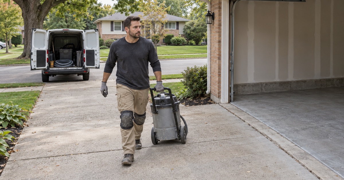 A floor crew’s van at the curb of a Downers Grove ranch, a dust extractor rolled up the driveway to start a garage floor job.