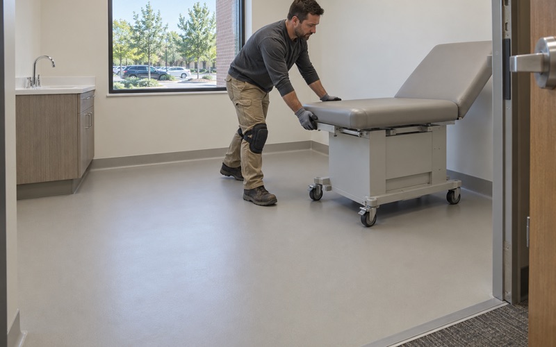 A seamless coved resin floor in an exam room of a Downers Grove medical office, an exam table rolled into place.