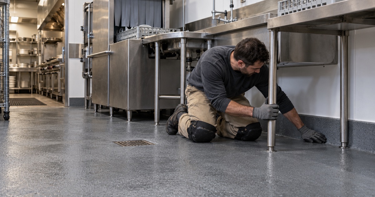 A textured urethane cement floor with a 3/8-inch cove at the wall under the dish station of a Downers Grove restaurant kitchen.