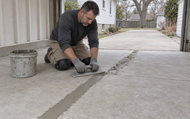 A spalled control joint chased out and filled flush with repair mortar in a Downers Grove garage slab before coating.