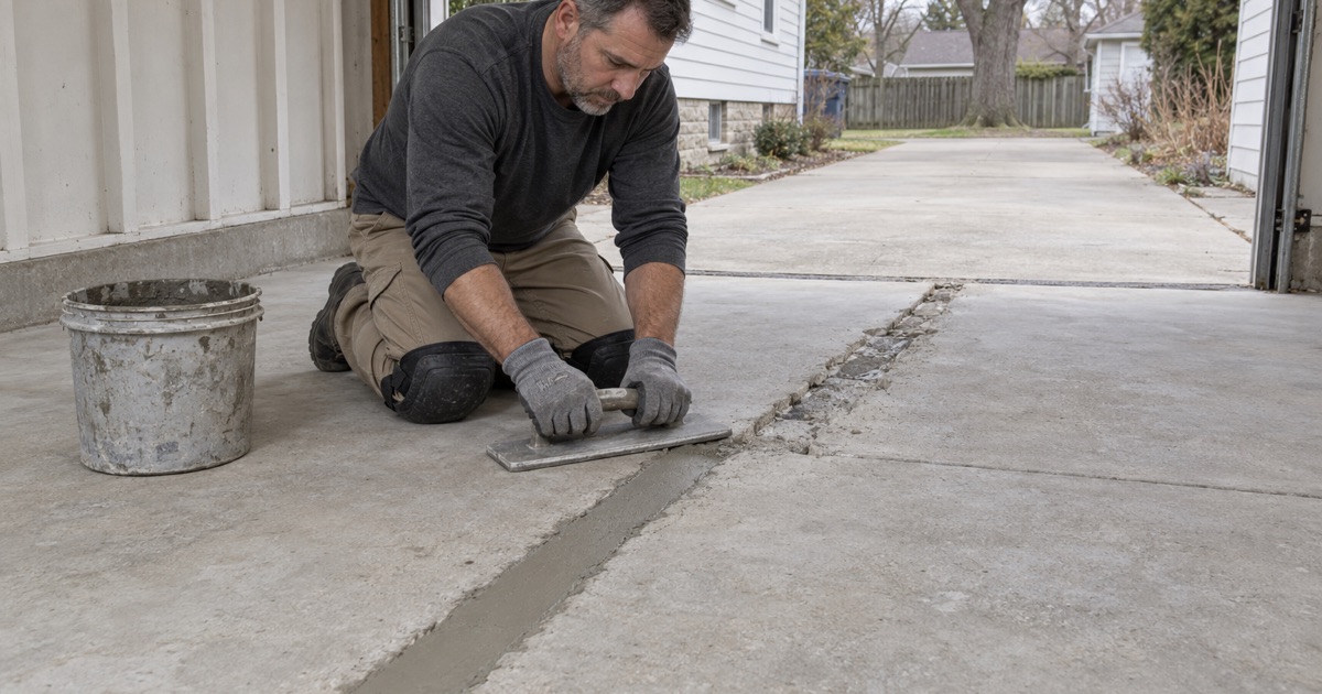 A spalled control joint chased out and filled flush with repair mortar in a Downers Grove garage slab before coating.