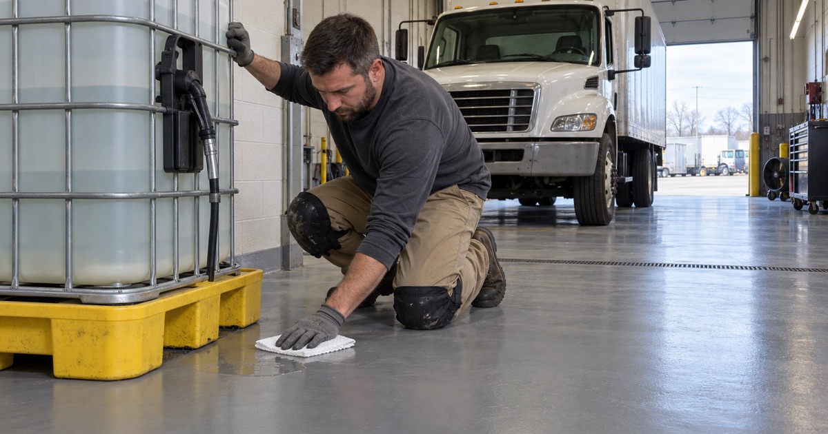A diesel exhaust fluid tote on its spill pallet beside a smooth sealed floor in an Alsip fleet maintenance bay.