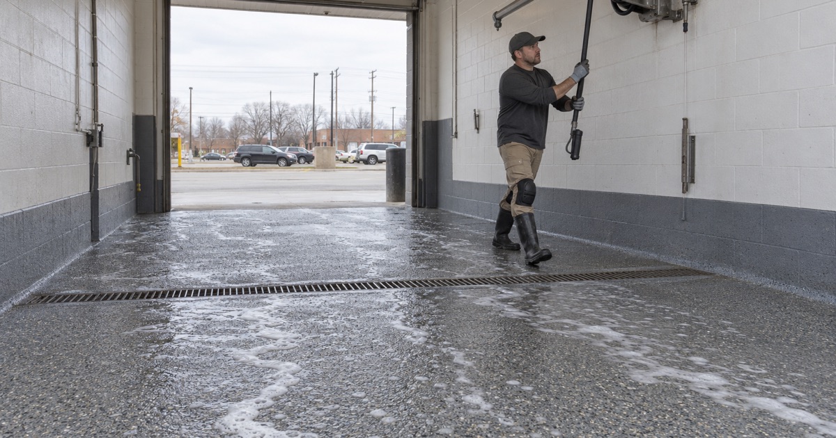 A textured aggregate floor in a Bellwood car-wash bay, soapy rinse water running to a trench drain.