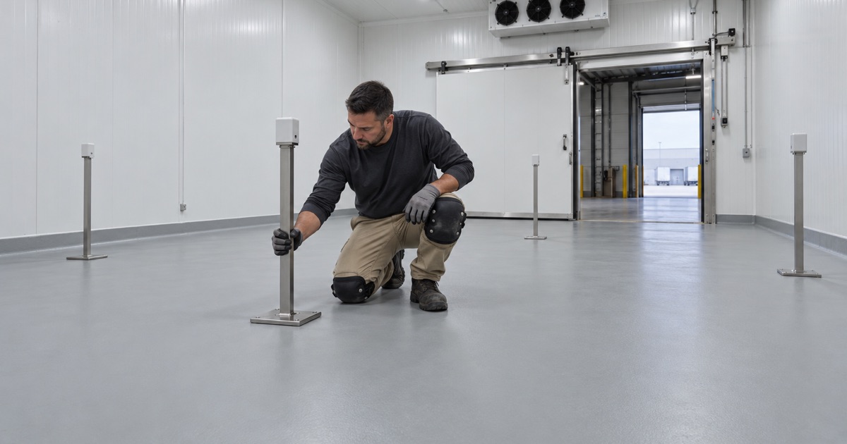 A newly coated floor inside an insulated cold storage room at a Bensenville pharmaceutical cross-dock, the room empty before re-mapping.