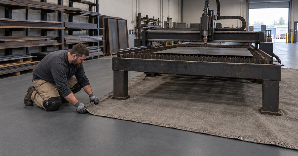 A fire blanket laid over the coated floor beside a plasma cutting table in a Bridgeview metal shop.