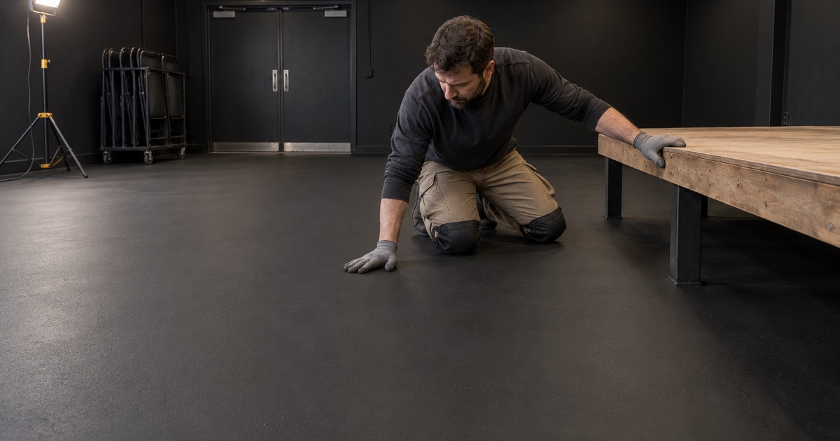 A recoated flat black floor in a Brookfield black box room, ready to take the next coat of stage paint