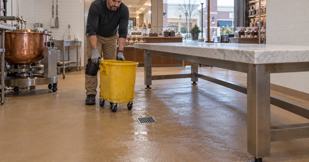 A seamless urethane floor beside a marble fudge cooling table in a Burr Ridge candy kitchen, washed down with hot water.
