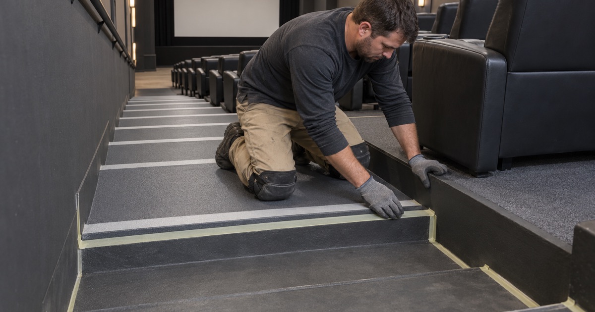 A contrasting stripe being laid on each tread nosing of a stepped aisle in a Chicago Ridge movie theater with the house lights up.