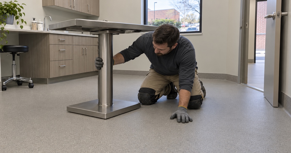 A matte, finely textured coated floor in a veterinary exam room in Evergreen Park, laid for traction under a dog’s paws.
