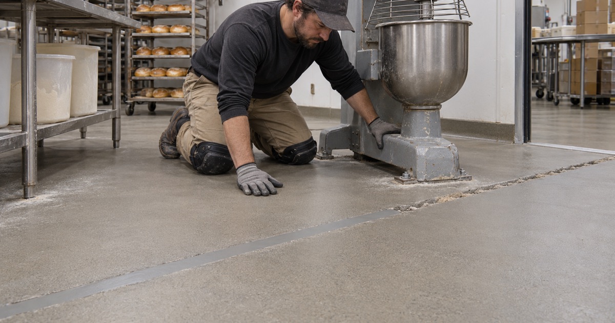 A spalled joint filled flush and level in the production floor of a Forest Park bakery.