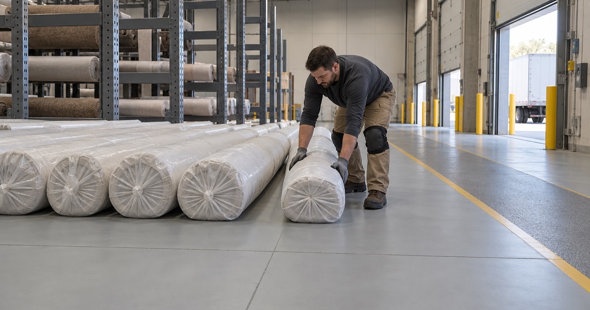 Wrapped carpet rolls staged on a smooth, aggregate-free coated floor in a Franklin Park flooring freight warehouse.