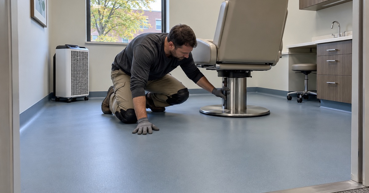 A low-emission seamless floor in a Hinsdale medical suite, aired out with a scrubber before the room reopens