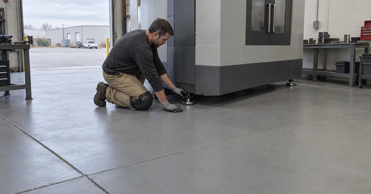 A CNC machining center leveled on a continuous coated slab well clear of the joints in a Justice machine shop.