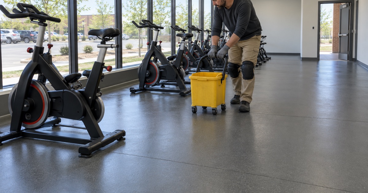A sealed, seamless floor under a row of indoor bikes in a Lyons fitness room, mopped after every class