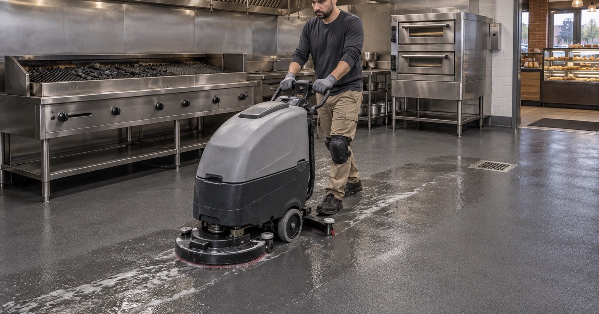 A textured, seamless kitchen floor in a Norridge bakery-grill scrubbed down with an auto-scrubber after the grill shuts off.