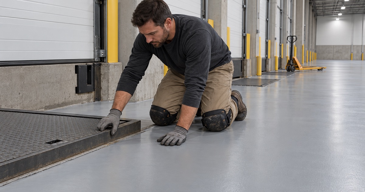 A coating stopped in a saw-cut key-in at the steel curb angle of a dock leveler pit in a Northlake truck terminal.