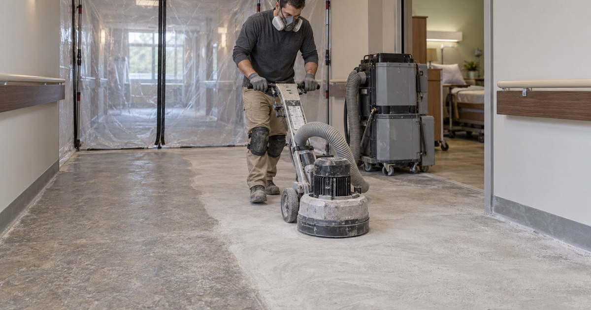 A sealed plastic containment barrier and a vacuum-shrouded grinder prepping a corridor floor inside a Palos Heights care building.