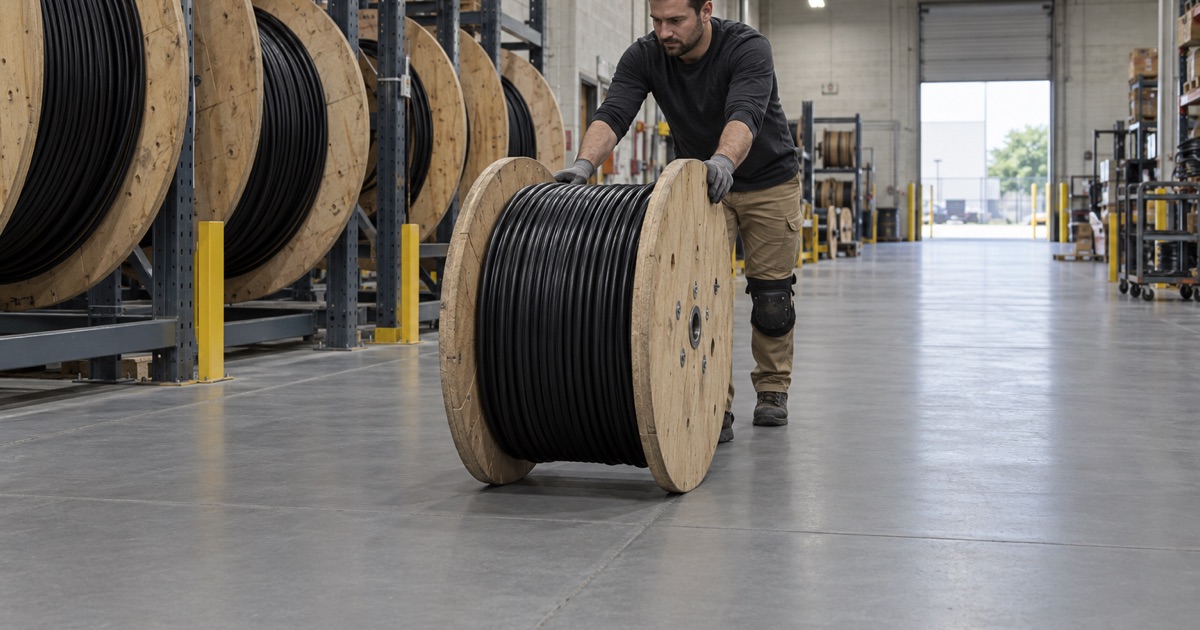 A loaded cable reel rolled on its flanges along a flush, high-build coated reel lane in a Schiller Park electrical warehouse.