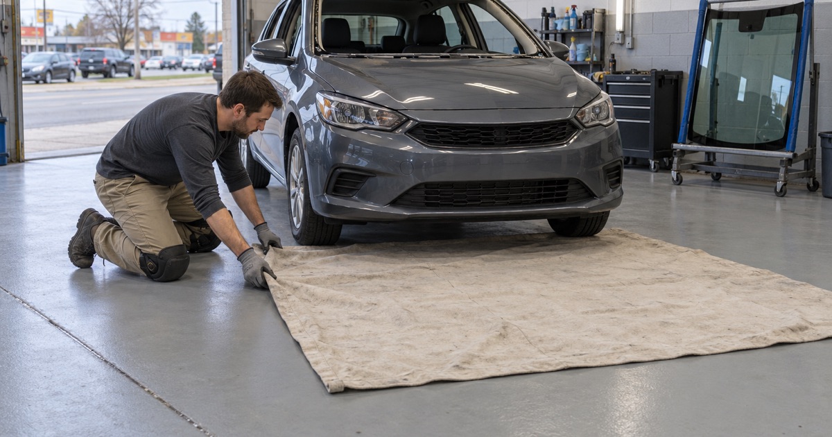 A drop sheet laid on the coated floor under the windshield setting area of a Summit auto-glass bay.
