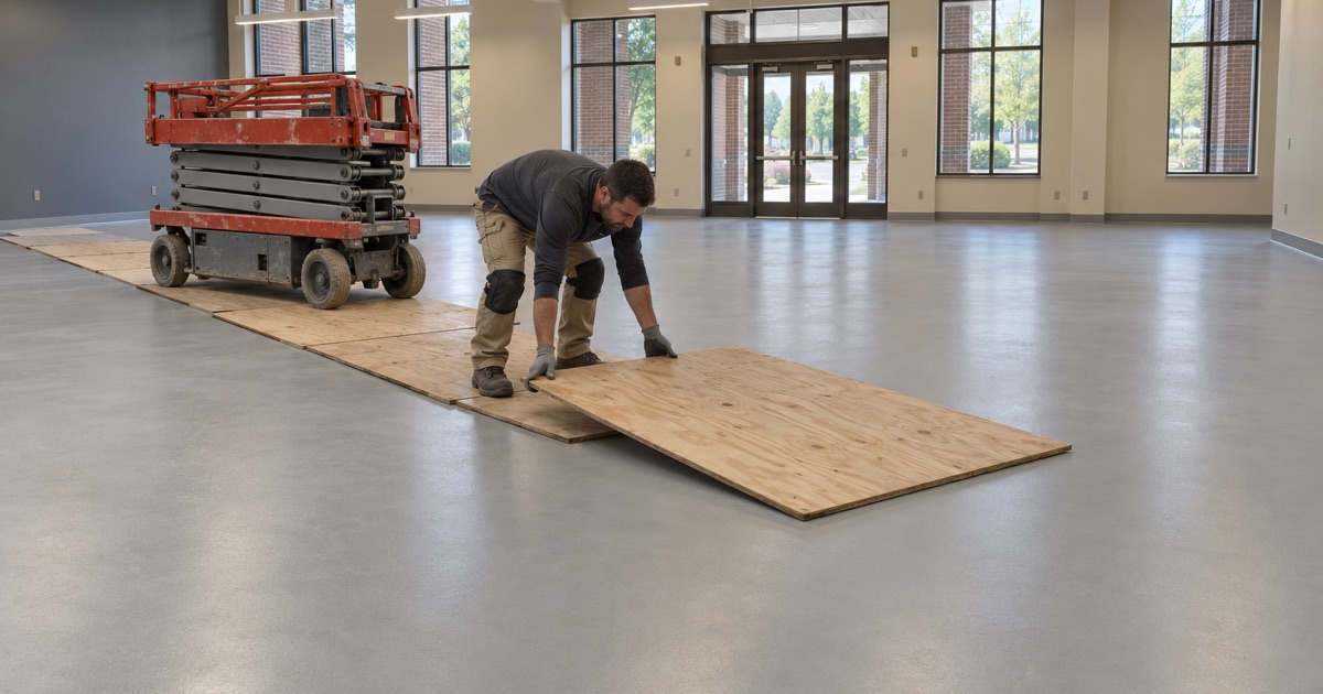 A scissor lift parked on a boarded travel path laid over a newly coated floor in a Warrenville public building.