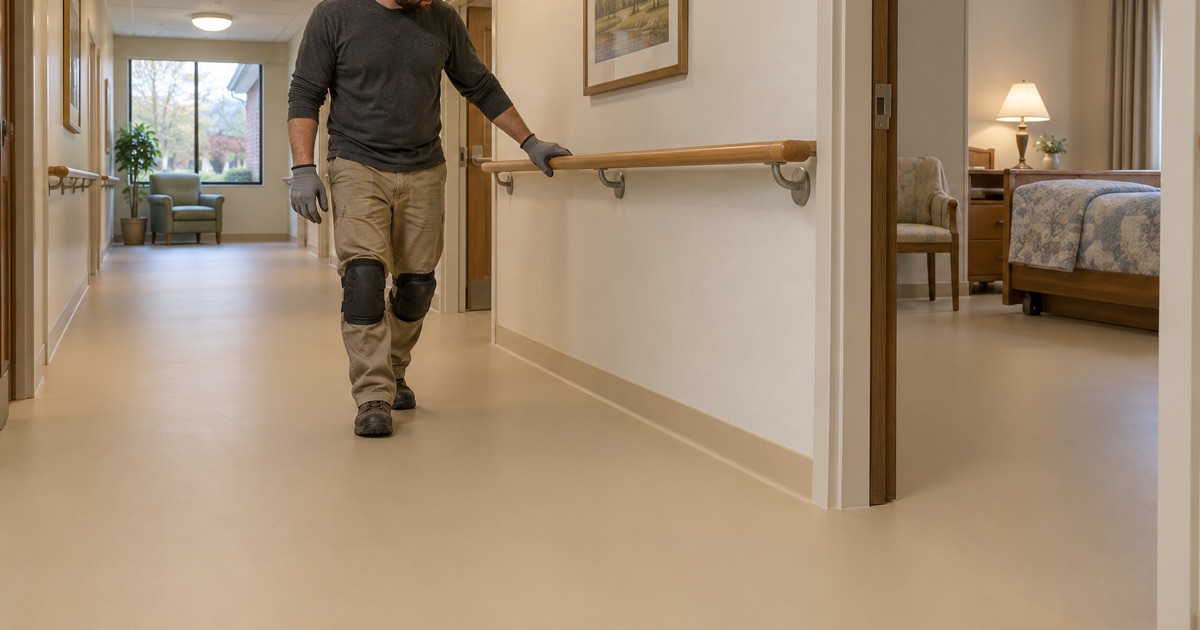 A solid, matte, tonally even floor running through a doorway in a Westchester dementia care corridor, with no flake or gloss.