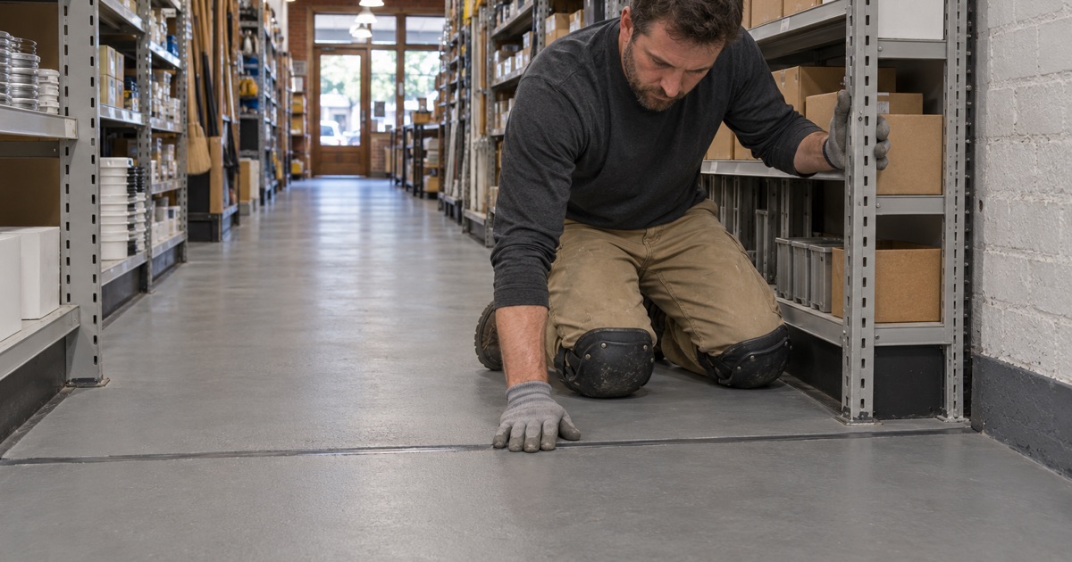 A saw-cut moving joint filled with flexible sealant where two old building slabs meet across a Western Springs hardware store aisle.