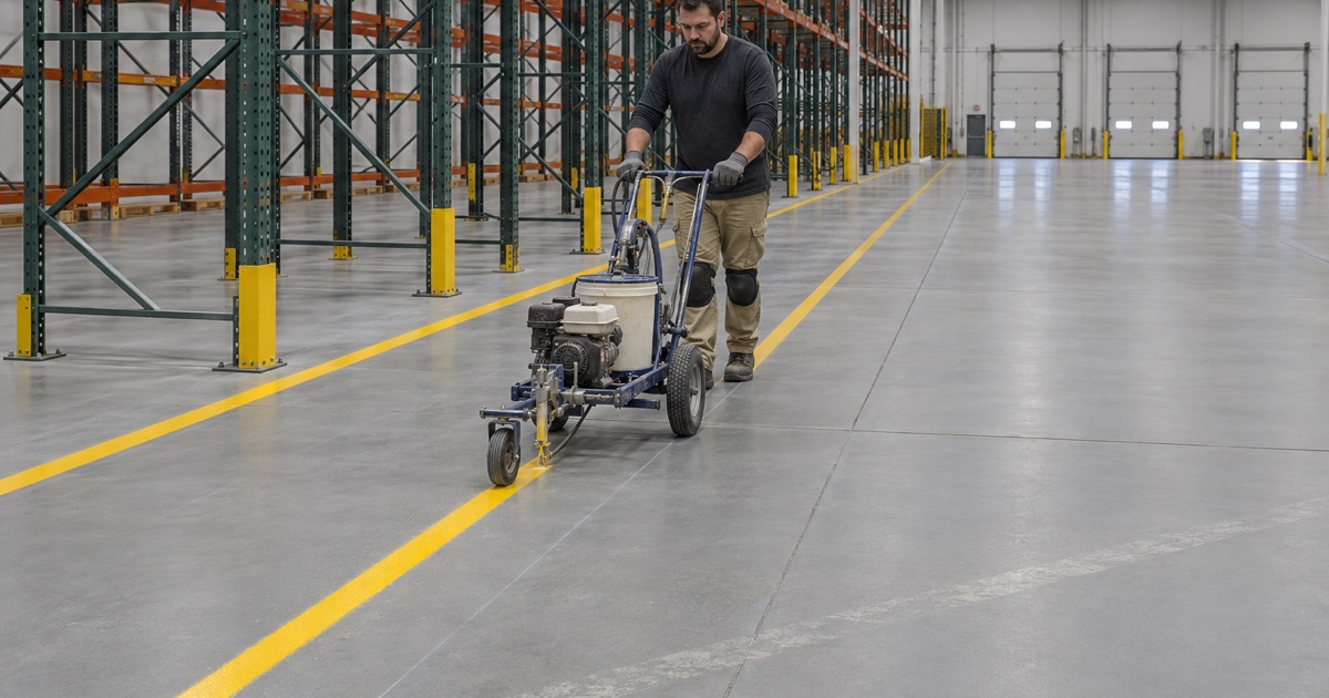 New aisle lines laid into the coating over ground-out old lane markings in a Wood Dale distribution warehouse.