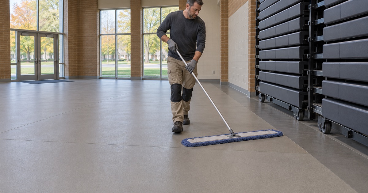 A hard, scratch-tolerant coated hall floor in Worth, swept and matted before an event