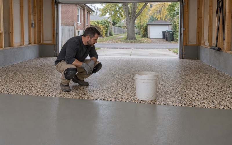 A dense tan, brown and black flake broadcast settled on a detached garage floor behind a Downers Grove bungalow.