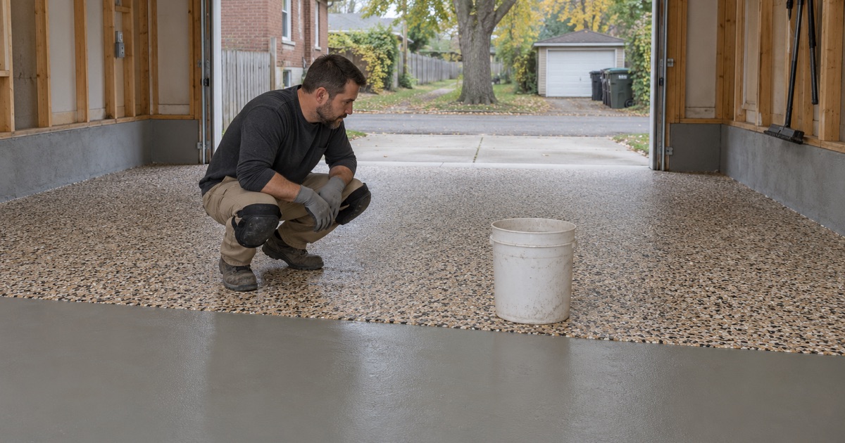 A dense tan, brown and black flake broadcast settled on a detached garage floor behind a Downers Grove bungalow.