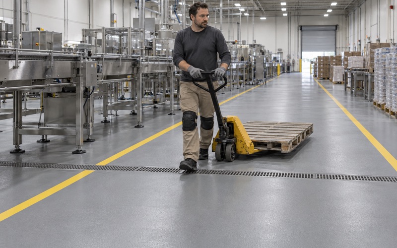 A heavy urethane-modified epoxy floor with painted walkway lines in a Downers Grove food production plant.