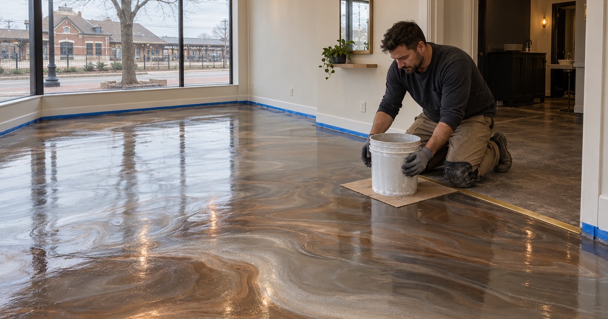 Bronze and pearl metallic epoxy being worked across a salon floor on Main Street in downtown Downers Grove.
