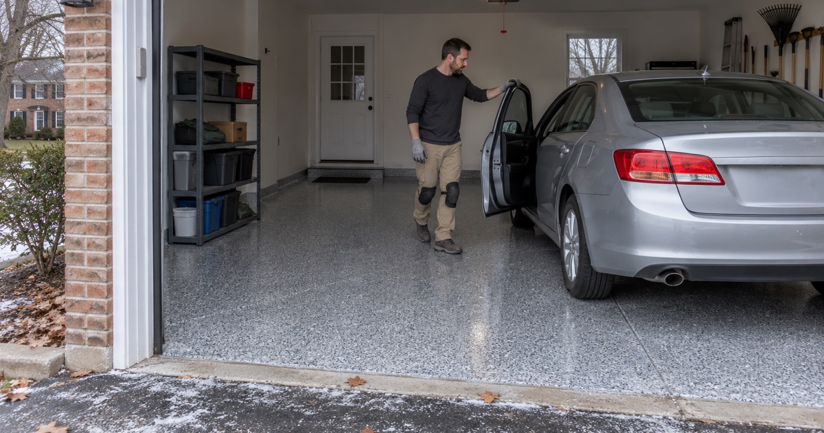 A car rolled back the same day onto a new polyaspartic flake floor in a Downers Grove garage on a cold late-autumn afternoon.